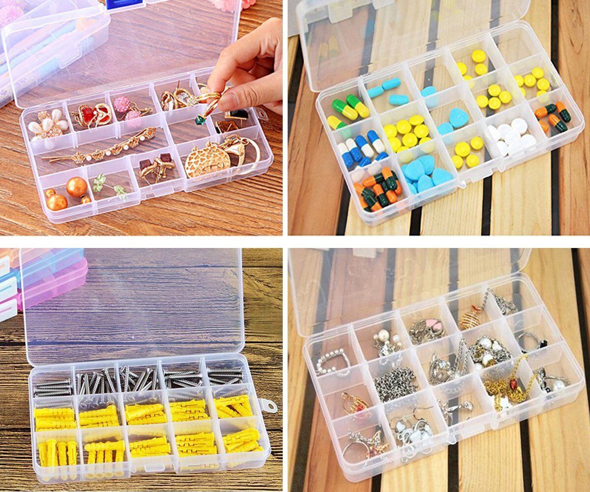 2 Pack Plastic Storage Box Jewelry Earring Tool Containers w/Divider, 10-15 Grid