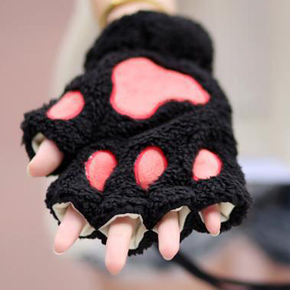 US Cat Claw Bear Paw Gloves Women Warm Plush Faux Fur Cosplay Fingerless Mittens