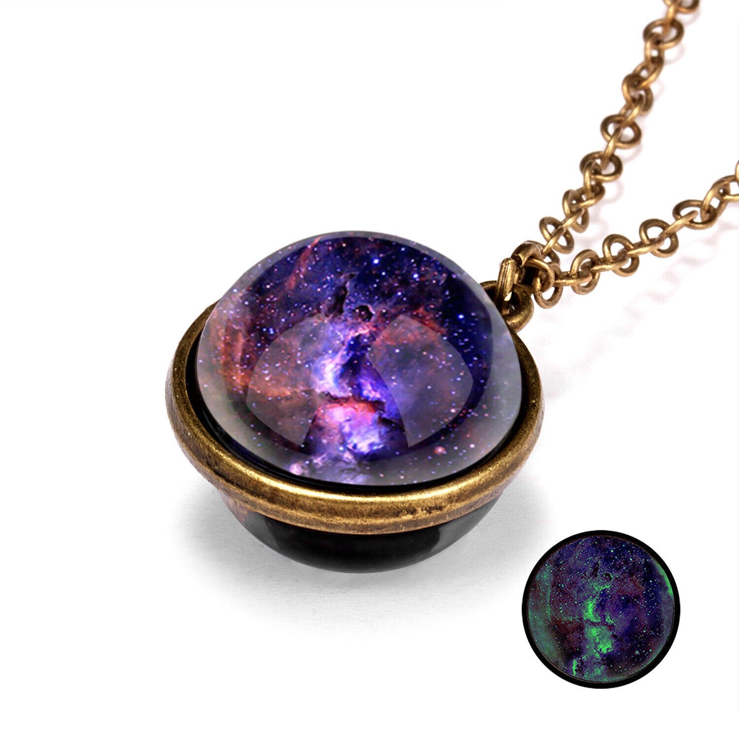 Glow in the Dark Galaxy Universe Stars Double Sided Glass Dome Planet NecklaceUS