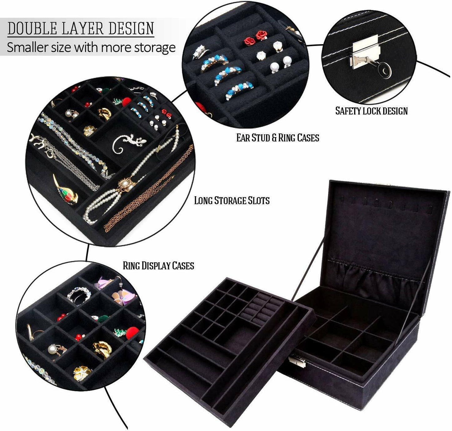 US Two-Layer Lint Large Jewelry Box Organizer Display Storage case with Lock
