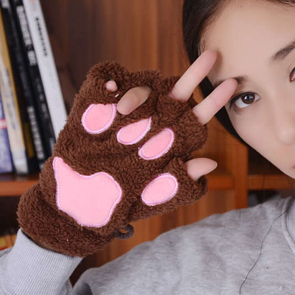 US Cat Claw Bear Paw Gloves Women Warm Plush Faux Fur Cosplay Fingerless Mittens