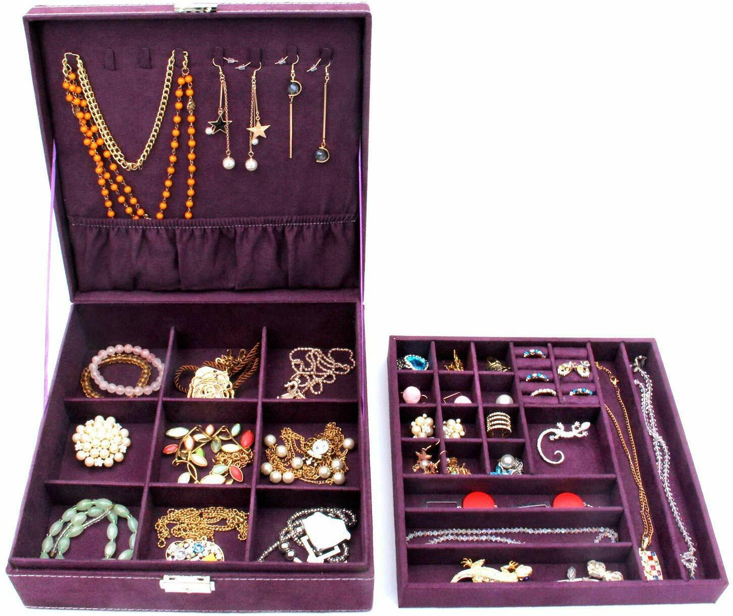 US Two-Layer Lint Large Jewelry Box Organizer Display Storage case with Lock