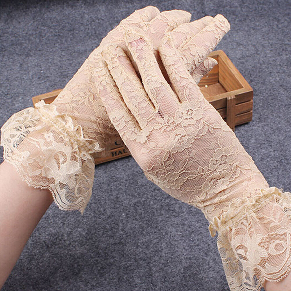 US 1-2 Pairs Sexy Lace Wrist Length Gloves w/ Ruffle Bride Wedding Prom Anti UV