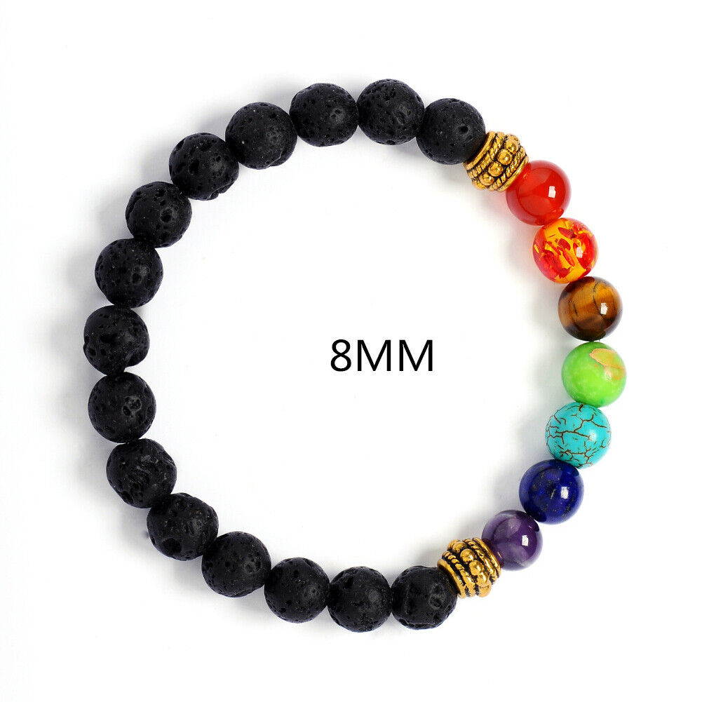 US 7-Chakra Healing Buddha Lion Drum Beads Lava Stone Reiki Meditation Bracelet