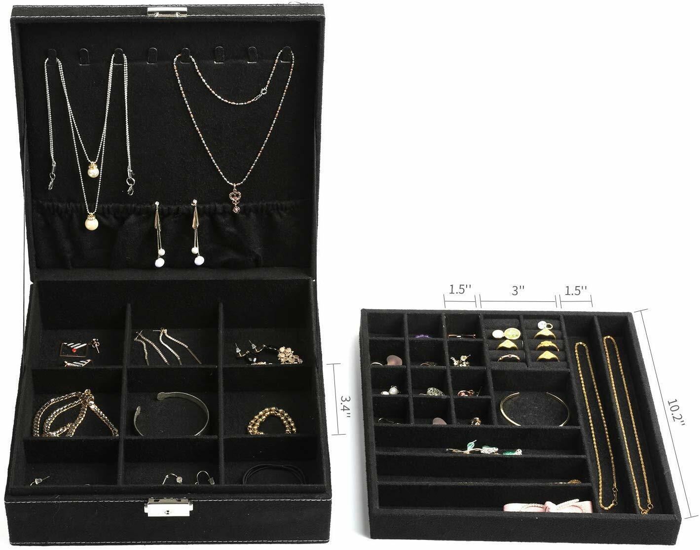 US Two-Layer Lint Large Jewelry Box Organizer Display Storage case with Lock