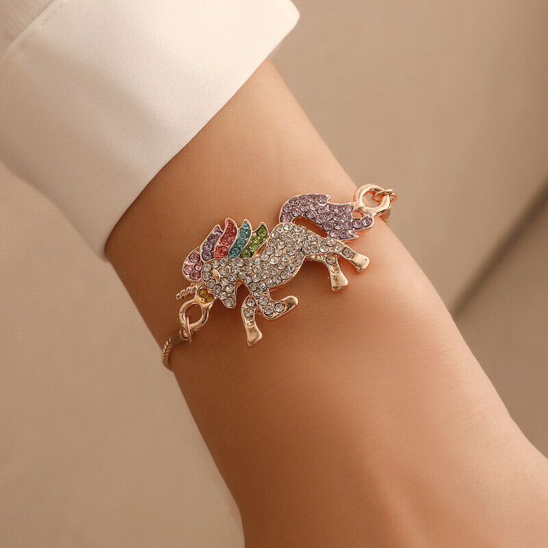 US Unicorn Jewelry Rainbow Rhinestone Crystal Necklace/ Bracelet/ Earring/ Ring