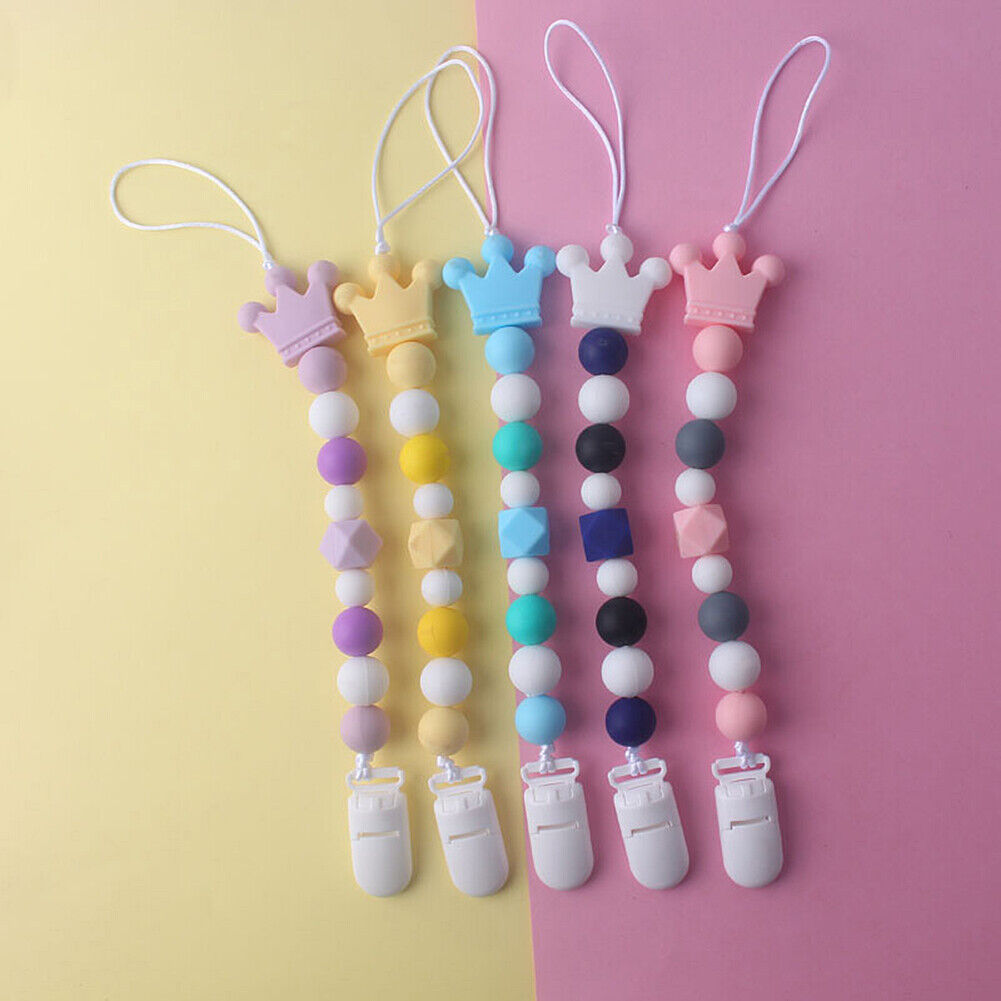 US 1-2 Pack Baby Pacifier Clip Chain Binky Holder Teething Beads Wooden Silicone