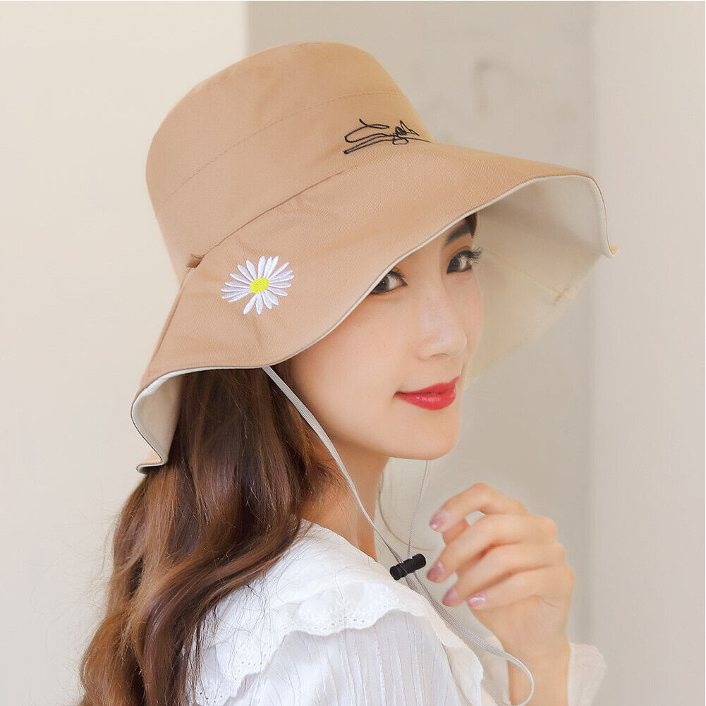 US Daisy Double-Sided UV Protection Wide Brim Bucket Hat Sun Beach Fisherman Cap