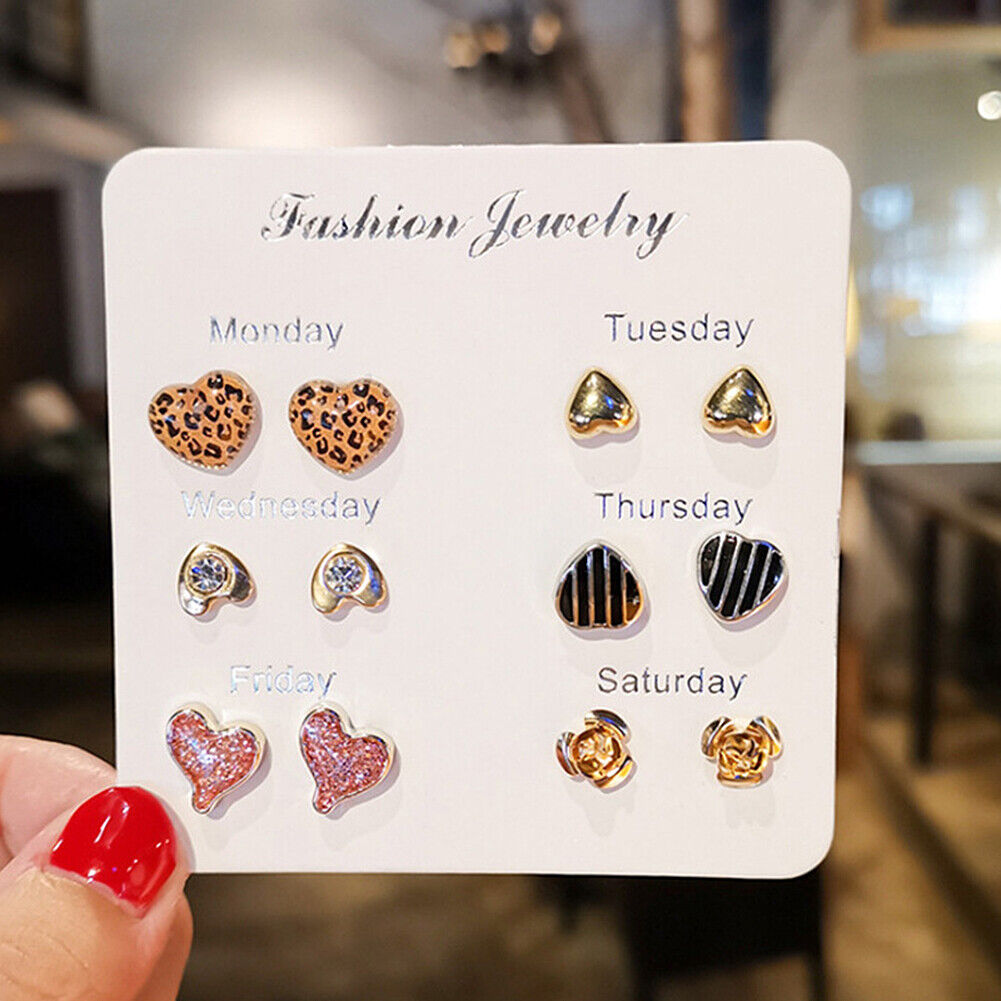 US 6~7 Pairs/Set Korean Style Week Earrings Set Crystal Rhinestone Ear Stud Gift