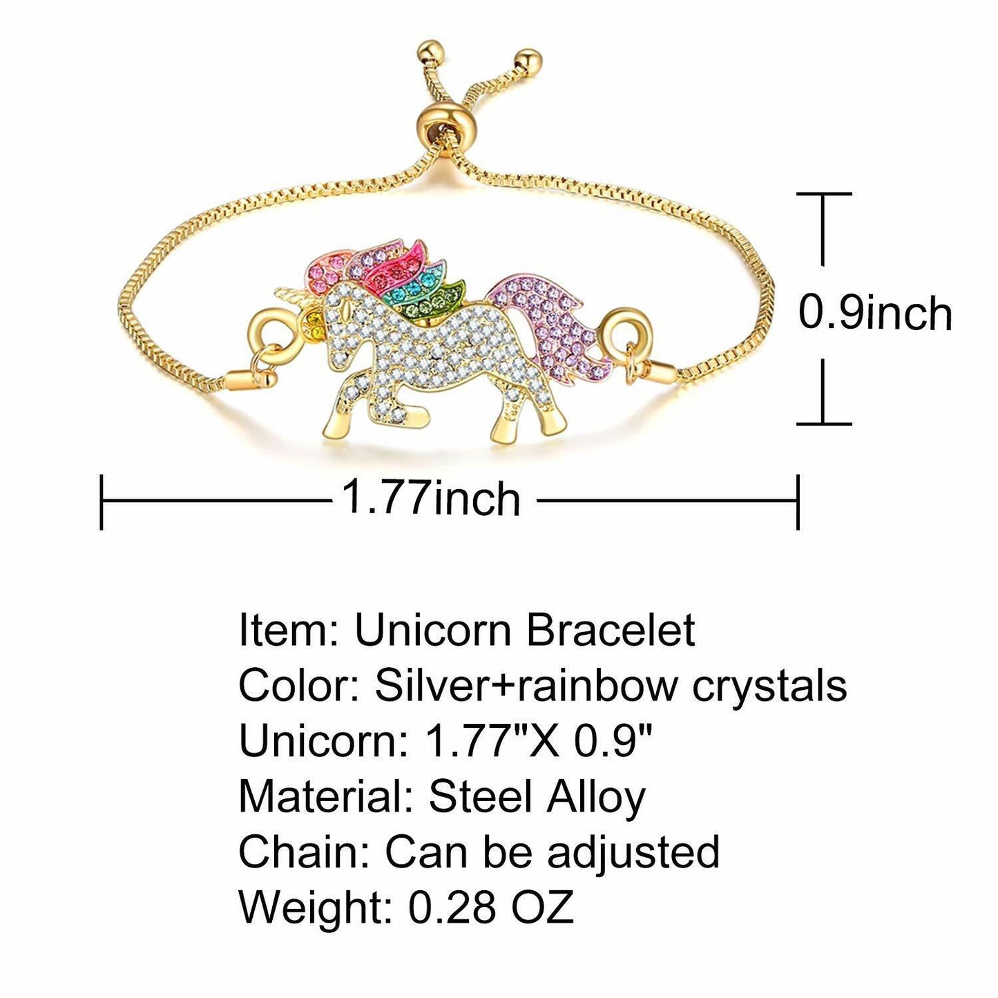 Unicorn Jewelry Set Rainbow Rhinestone Crystal Necklace, Bracelet, Earring,Ring