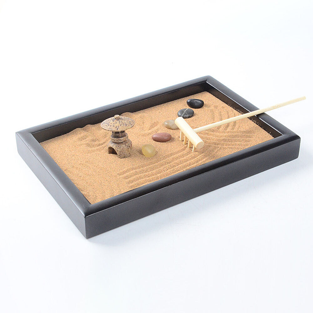 US Tabletop Mini Meditation Zen Garden w/ Pavilion statue Rock Venues Rake Sand