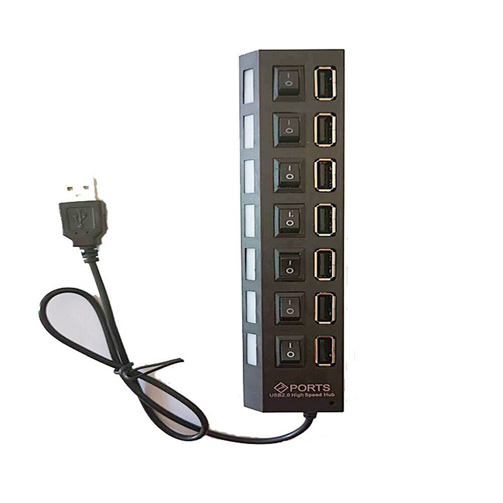 US 7 Port USB 2.0 Multi Charger Hub High Speed Adapter ON/OFF Switch Laptop/PC