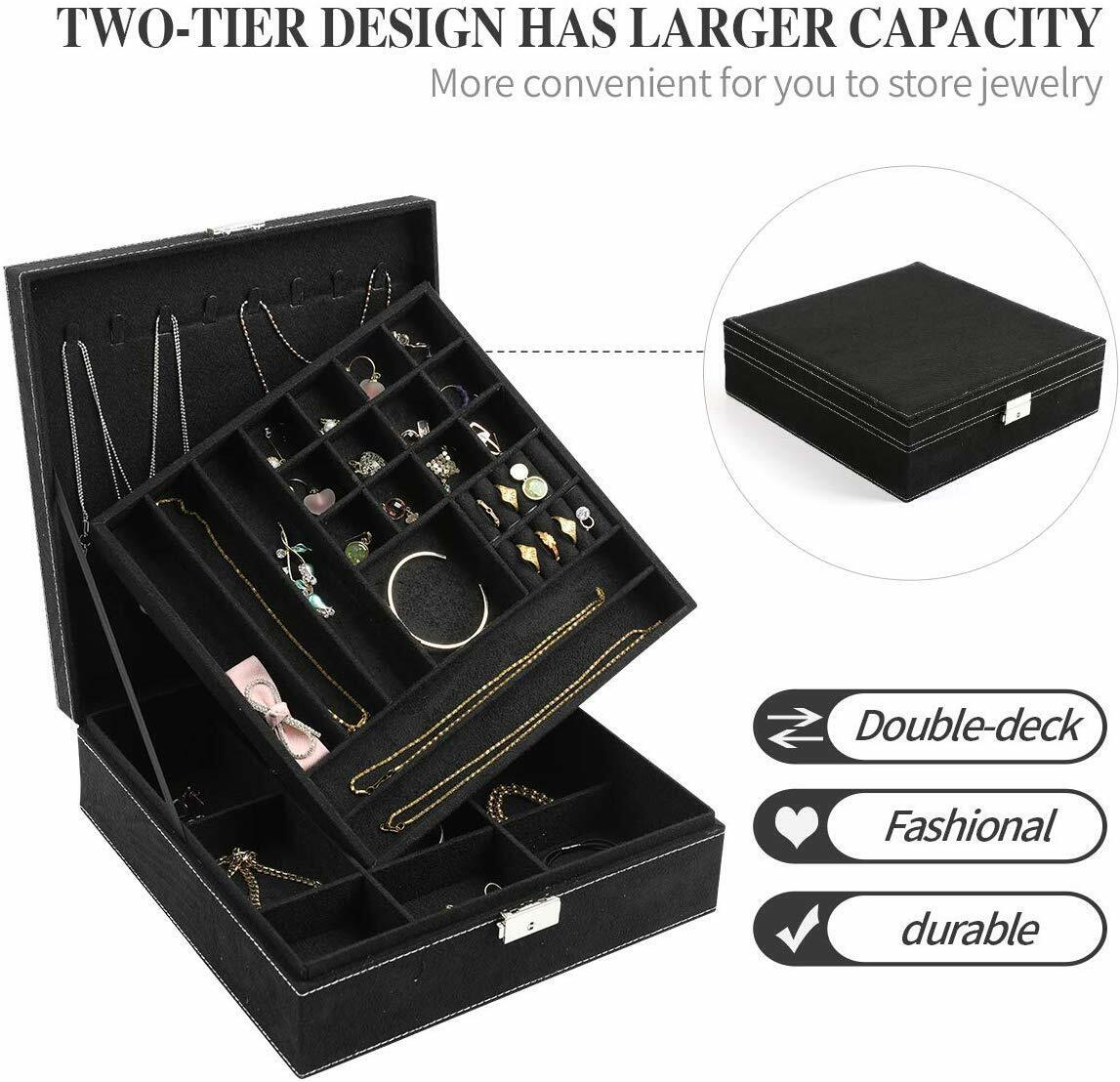 US Two-Layer Lint Large Jewelry Box Organizer Display Storage case with Lock