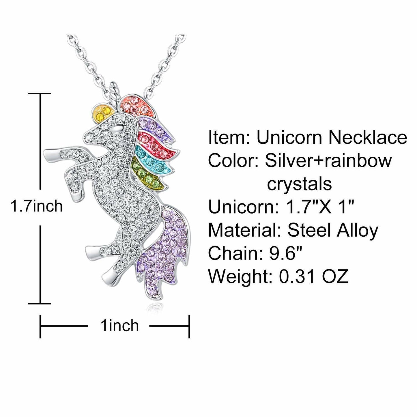 Unicorn Jewelry Set Rainbow Rhinestone Crystal Necklace, Bracelet, Earring,Ring