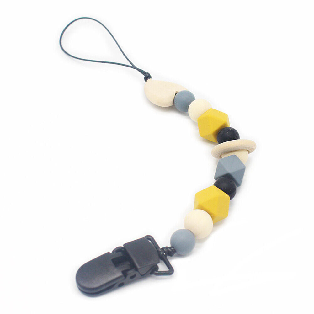 US 1-2 Pack Baby Pacifier Clip Chain Binky Holder Teething Beads Wooden Silicone