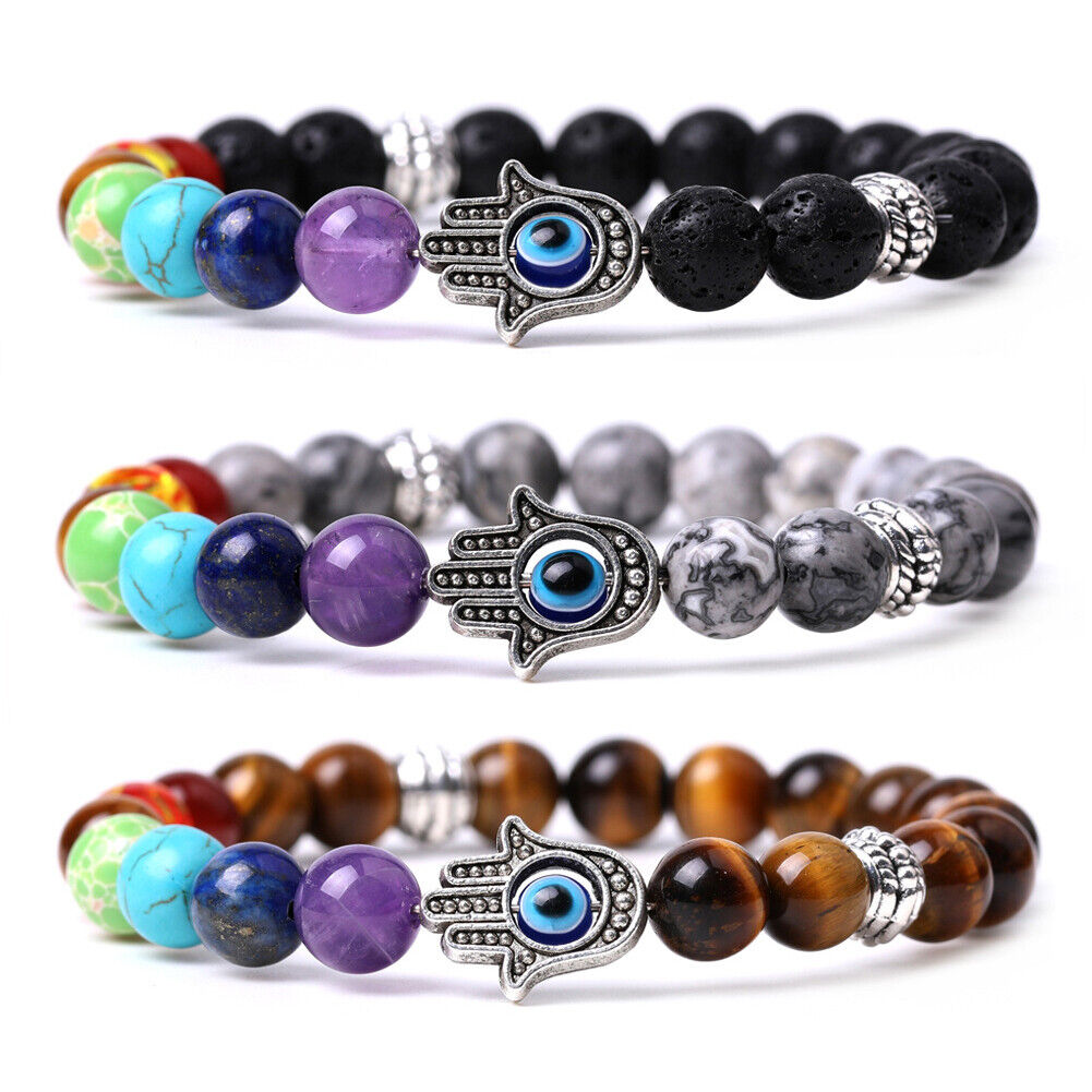 US 1-2Pcs Hamsa Hand Fatima 7-Chakra Lava Agate Beads Bracelet Reiki Energy Yoga