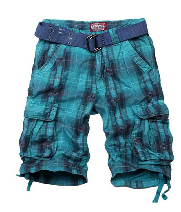 Match Men's Solid & Checked Cargo Shorts #3536, Blue Grid