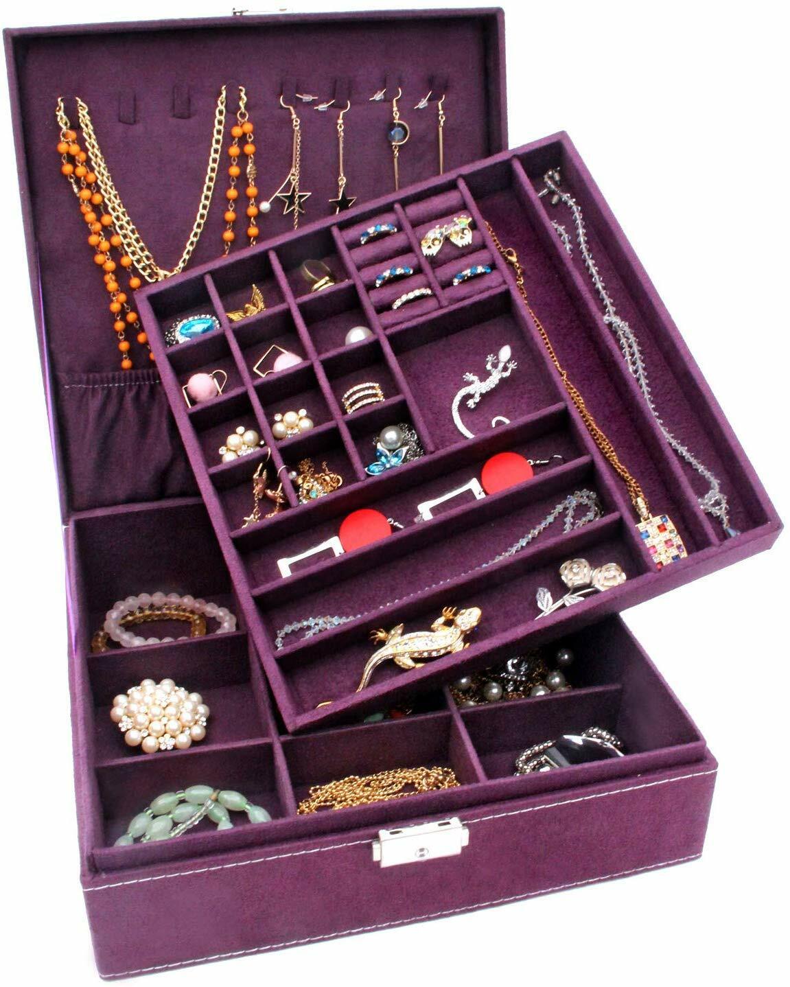 US Two-Layer Lint Large Jewelry Box Organizer Display Storage case with Lock