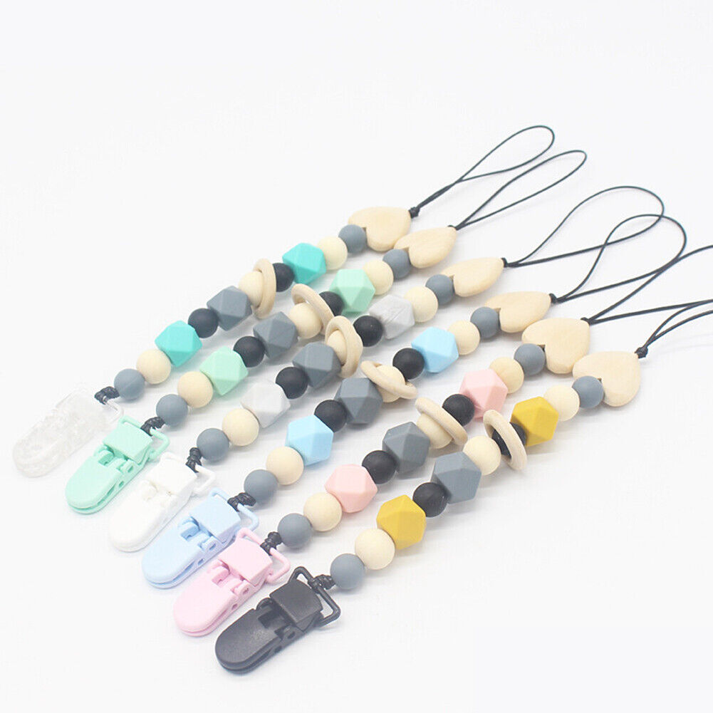 US 1-2 Pack Baby Pacifier Clip Chain Binky Holder Teething Beads Wooden Silicone