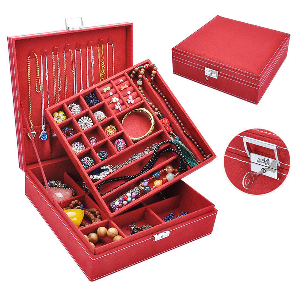 US Two-Layer Lint Large Jewelry Box Organizer Display Storage case with Lock