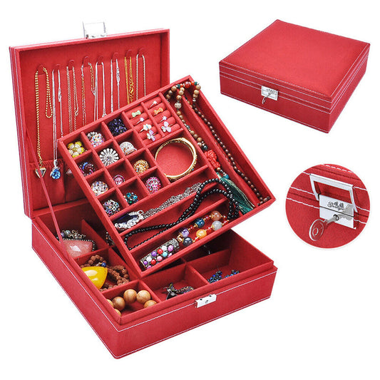 US Two-Layer Lint Large Jewelry Box Organizer Display Storage case with Lock