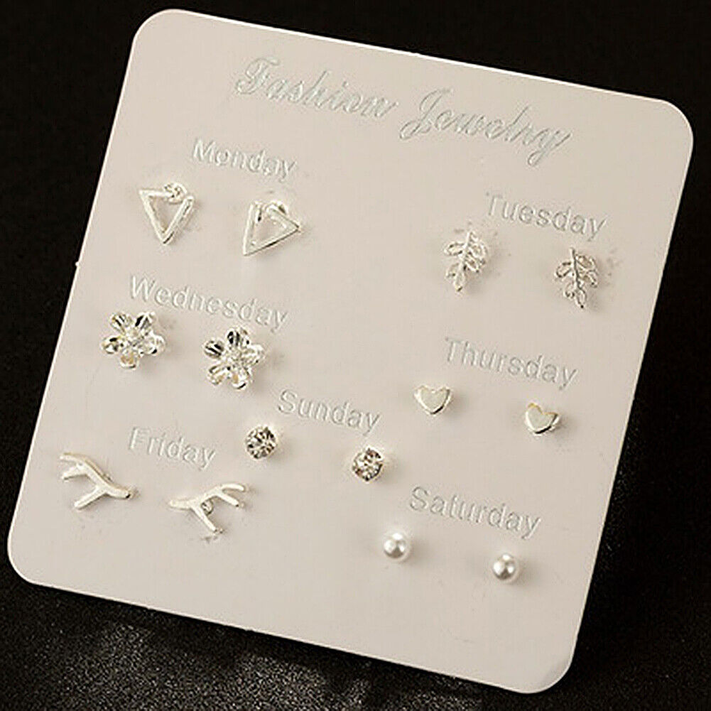 US 6~7 Pairs/Set Korean Style Week Earrings Set Crystal Rhinestone Ear Stud Gift