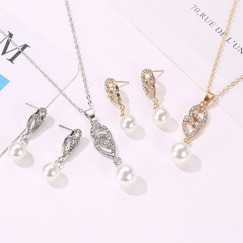 US 2 Pcs Pearl Rhinestone Crystal Peacock Themed Necklace + Earrings Jewelry Set