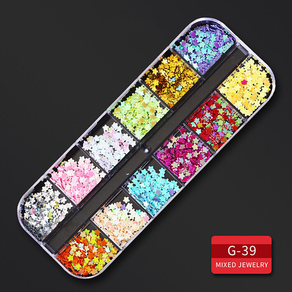 US 12 Grids Nail Glitter Flakes Sequins Rhinestones Pearl Nail Art Decorations