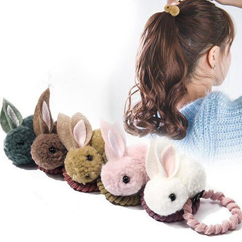 US Pompom Ball Rabbit Hair Rope Tie Ponytail Holder + Hair Clip Girl Gift Set