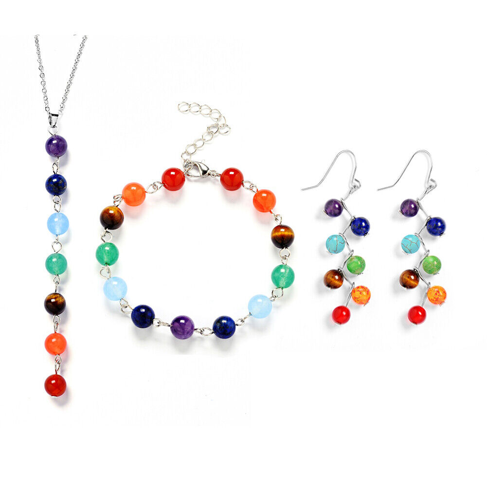 US 3 Pcs Yoga Healing 7-Chakra Stone Beads Energy Necklace+Bracelet+Earrings Set