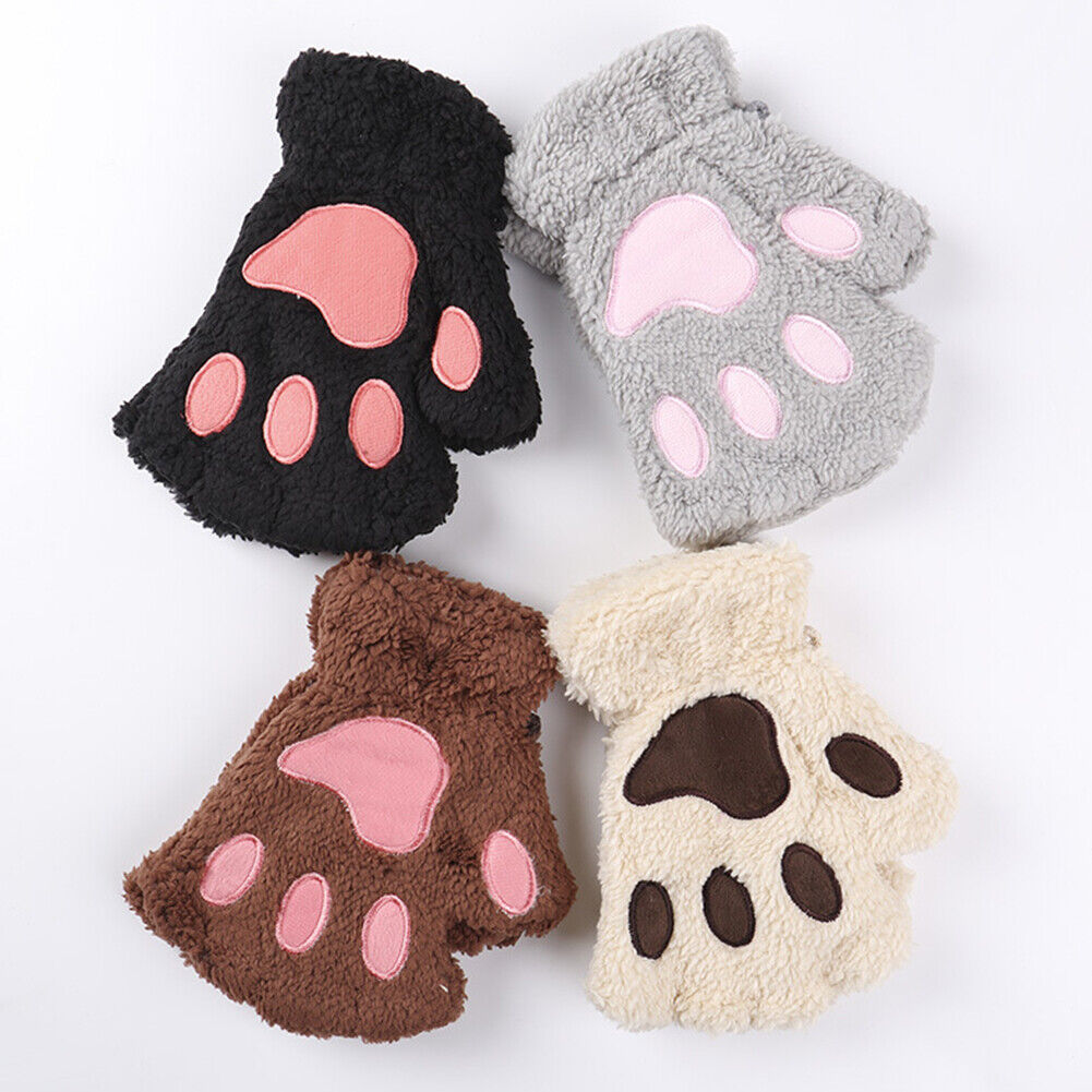 US Cat Claw Bear Paw Gloves Women Warm Plush Faux Fur Cosplay Fingerless Mittens