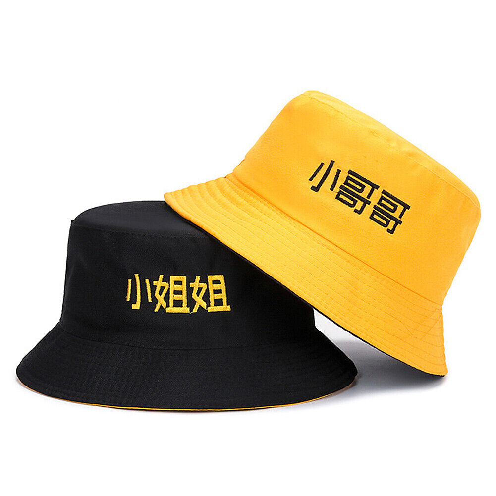 US Double-sided Bucket Hat Fisherman's Cap  Men Women Embroidery Pattern Cotton