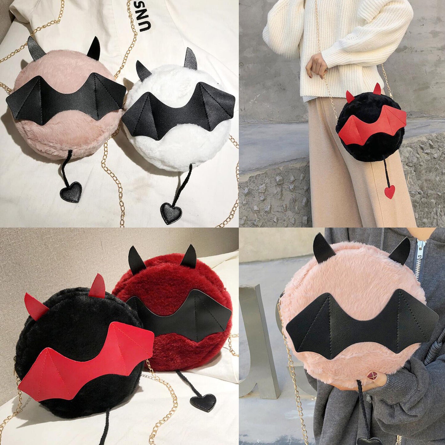 Magik Devil Monster Crossbody Shoulder Bag Faux Fur Fluffy Bat Doll Toys Handbag