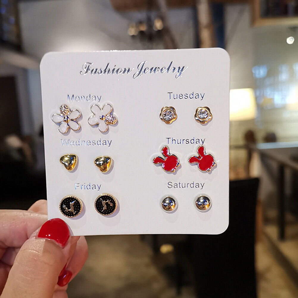 US 6~7 Pairs/Set Korean Style Week Earrings Set Crystal Rhinestone Ear Stud Gift