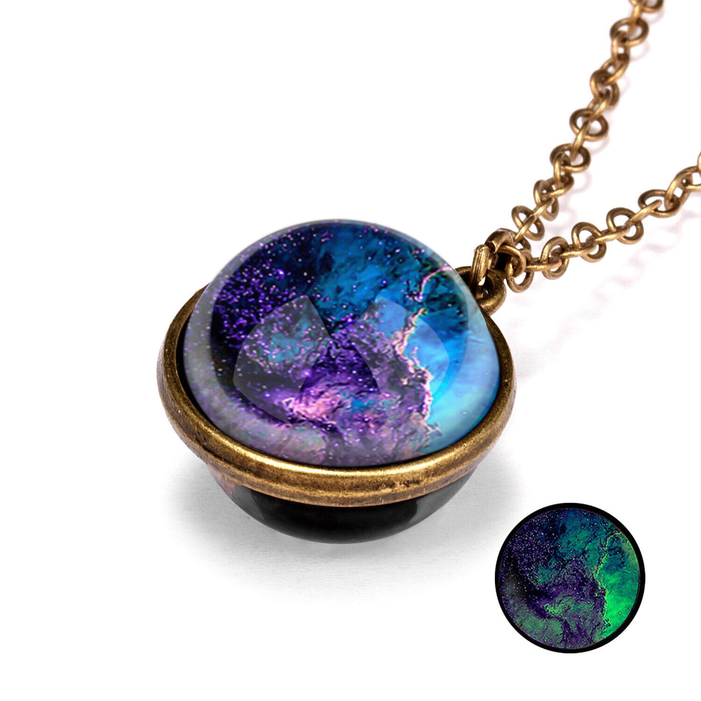 Glow in the Dark Galaxy Universe Stars Double Sided Glass Dome Planet NecklaceUS