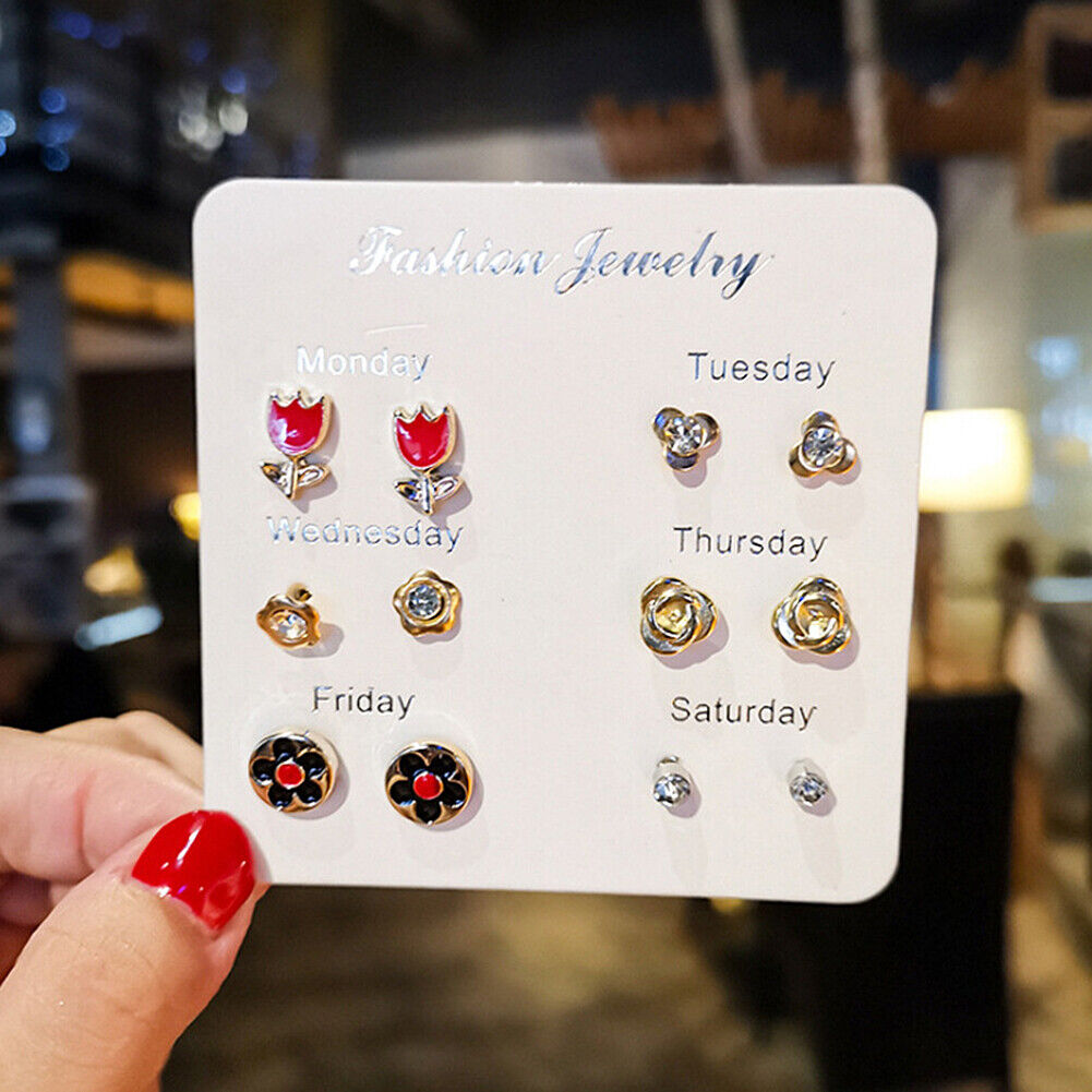 US 6~7 Pairs/Set Korean Style Week Earrings Set Crystal Rhinestone Ear Stud Gift