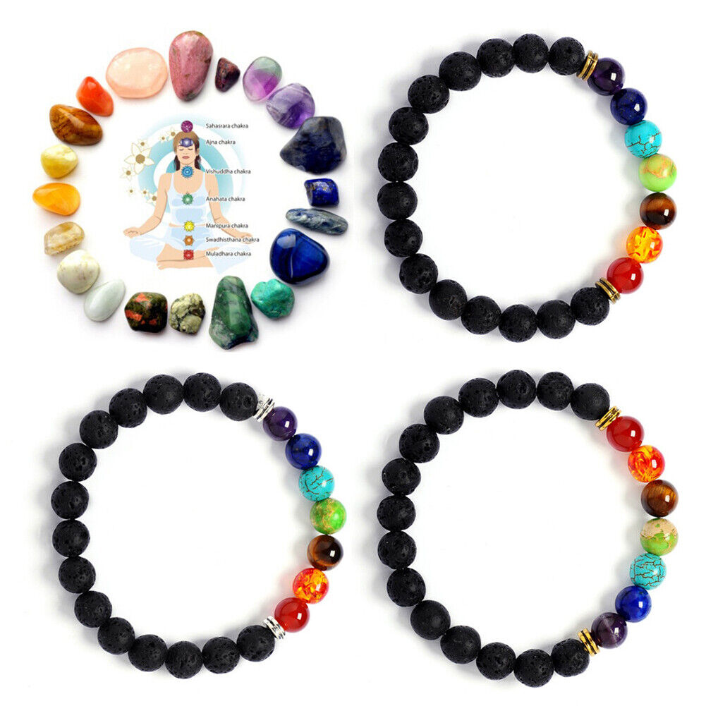 US 7-Chakra Healing Buddha Lion Drum Beads Lava Stone Reiki Meditation Bracelet