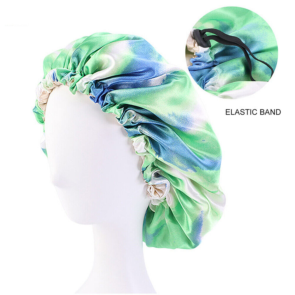 US Double-sided Satin Night Sleep Cap Hair Bonnet Hat Head Cover w/ Elastic Band