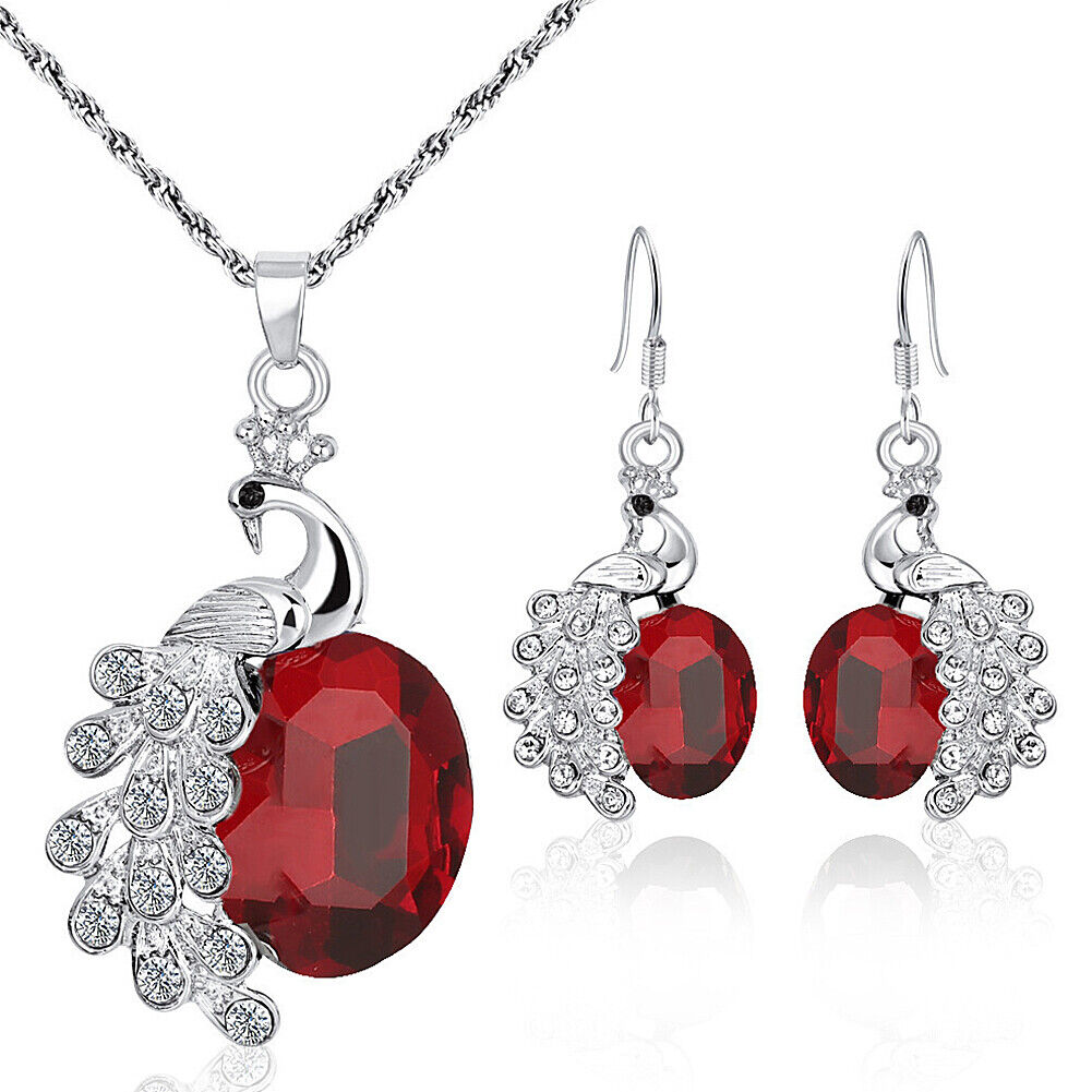 US 2 Pcs Pearl Rhinestone Crystal Peacock Themed Necklace + Earrings Jewelry Set