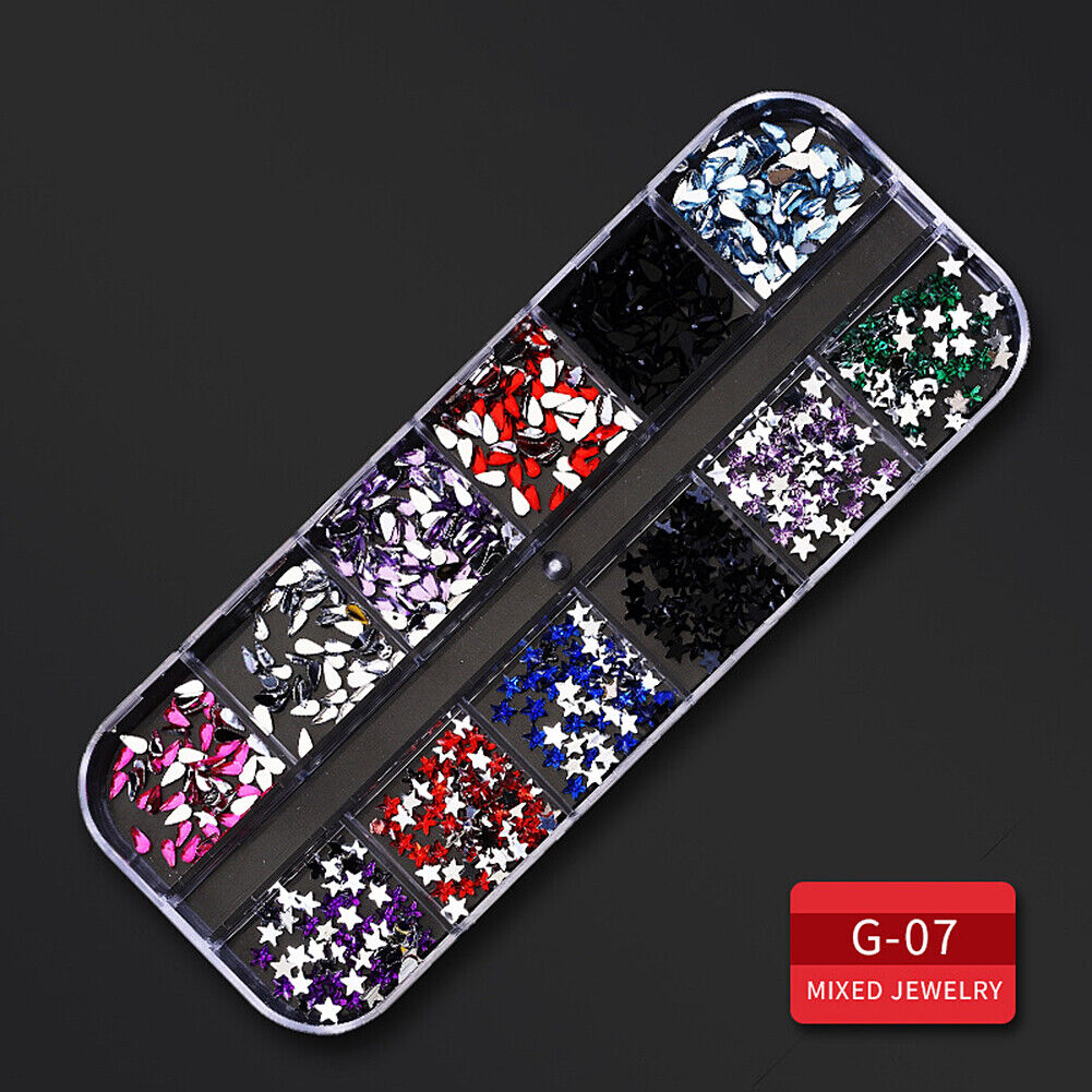 US 12 Grids Nail Glitter Flakes Sequins Rhinestones Pearl Nail Art Decorations