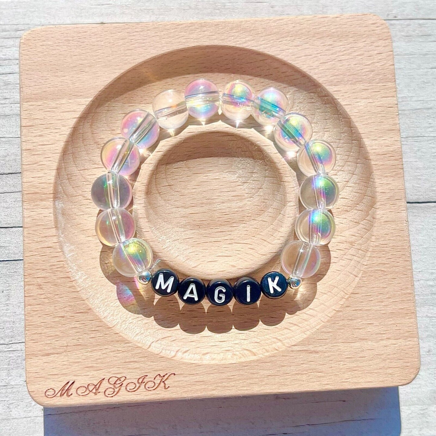 Magik Custom Name Glass Bead Soap Bubbles Mermaid Holographic Aura Mama Bracelet