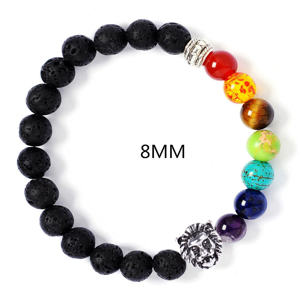 US 7-Chakra Healing Buddha Lion Drum Beads Lava Stone Reiki Meditation Bracelet