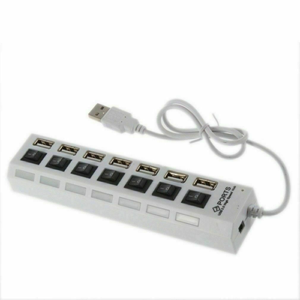 US 7 Port USB 2.0 Multi Charger Hub High Speed Adapter ON/OFF Switch Laptop/PC