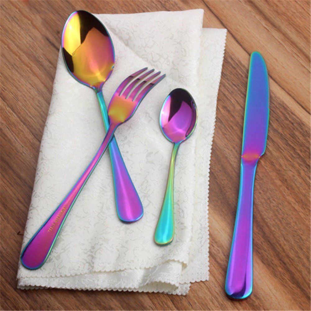 4Pcs Flatware Rainbow Dinnerware Stainless Steel Tableware Set Fork Spoon Knife
