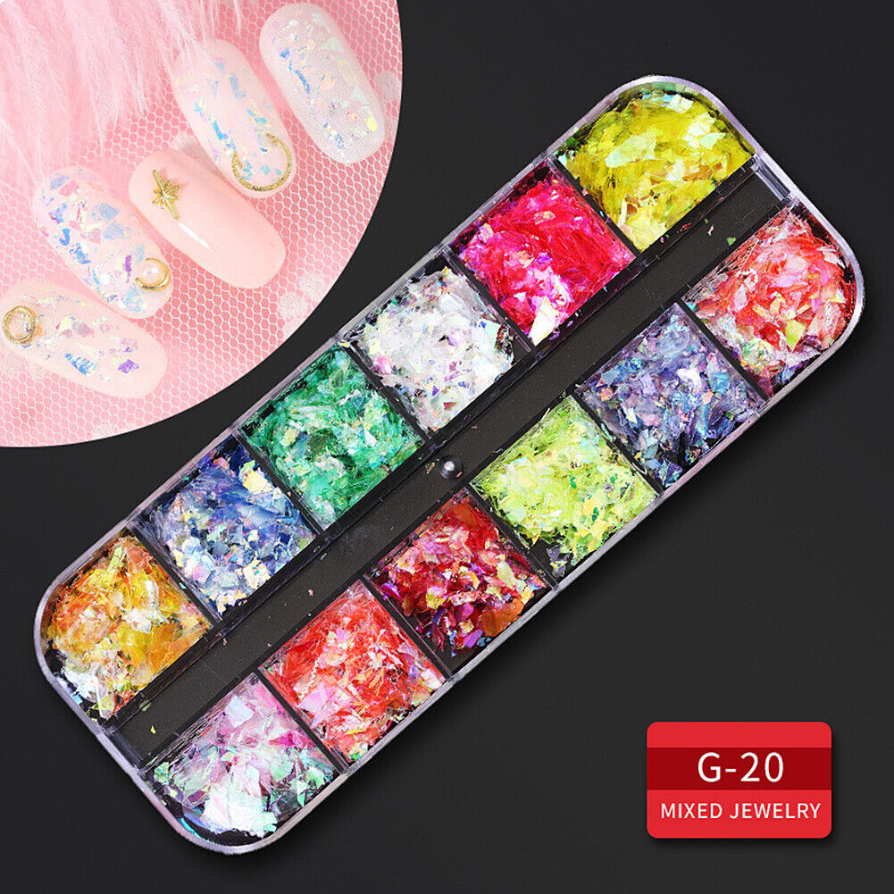 US 12 Grids Nail Glitter Flakes Sequins Rhinestones Pearl Nail Art Decorations