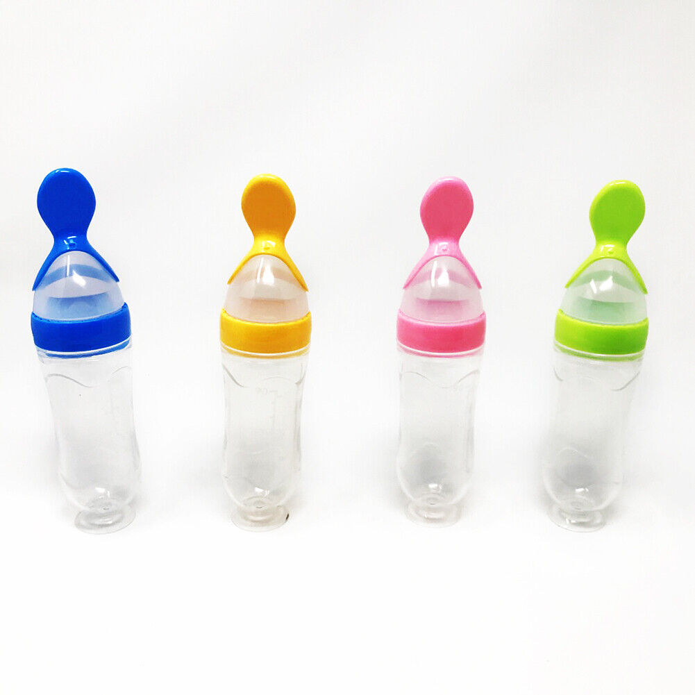 US Baby Silicone Squeeze Feeding Bottle w/Spoon Food Self-stand Feeder 3oz/90ML