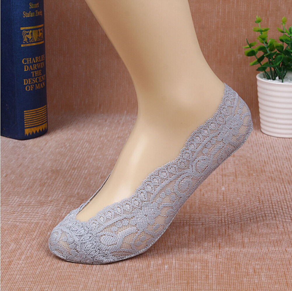 5 Pack Low Cut Lace Liner Boat Socks Ballet Plain Footies w/ Anti-slippery pads