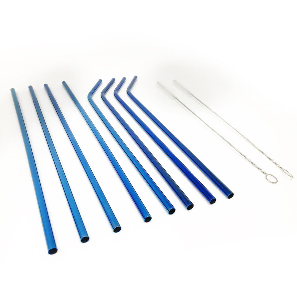 US 8pcs 10.5" Stainless Steel Ultra Long Metal Cocktail Straw + 2 Cleaner Brush