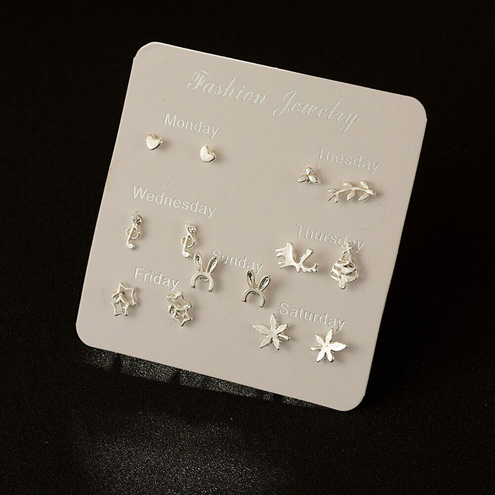 US 6~7 Pairs/Set Korean Style Week Earrings Set Crystal Rhinestone Ear Stud Gift