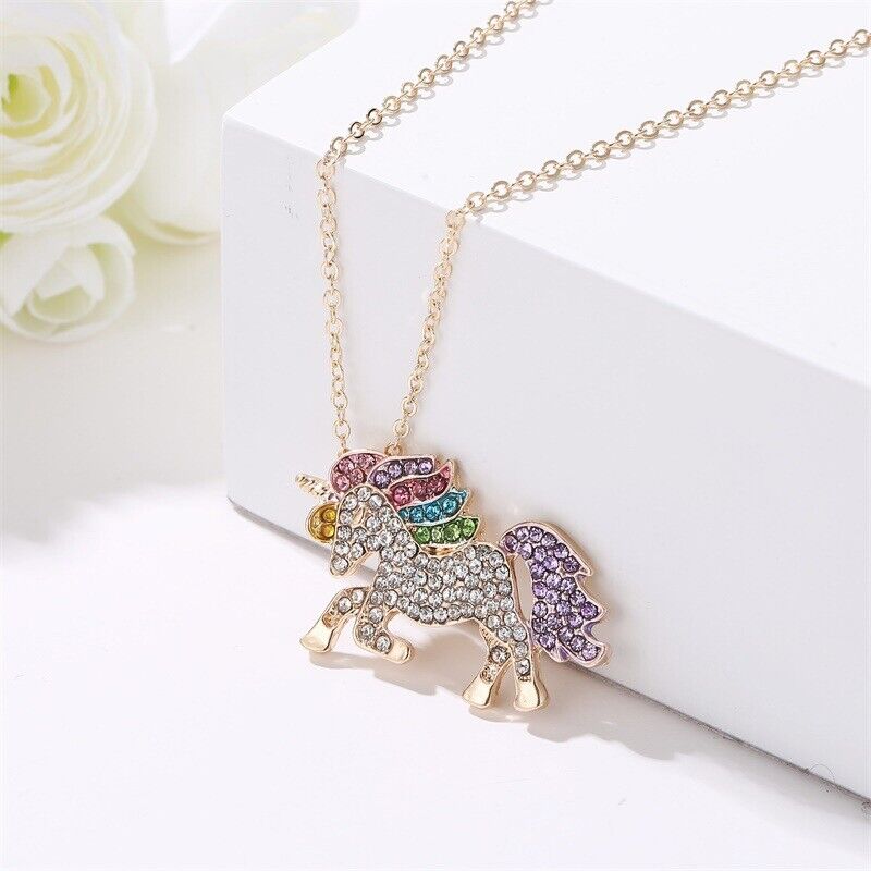 US Unicorn Jewelry Rainbow Rhinestone Crystal Necklace/ Bracelet/ Earring/ Ring